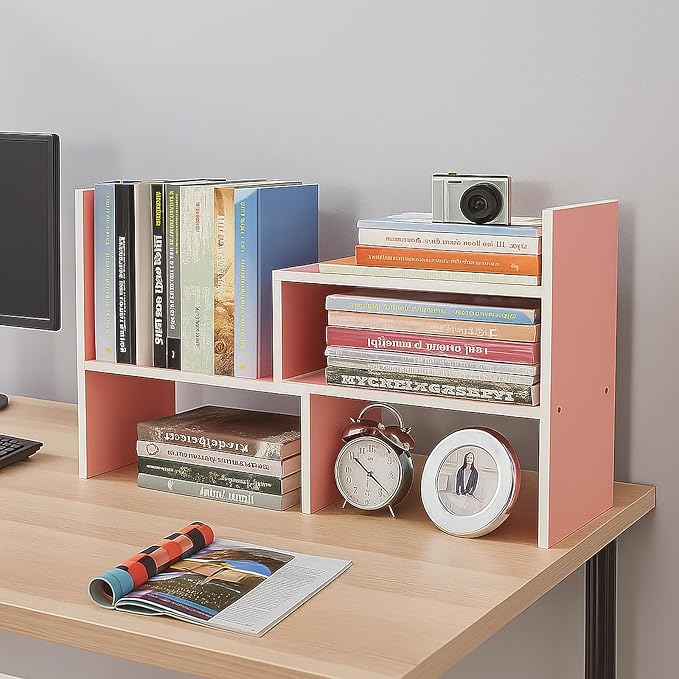 Desktop Shelf Organizer, Adjustable Wood Office Storage Rack, Counter Display Small Bookshelf for Home/Office/School(Pink)