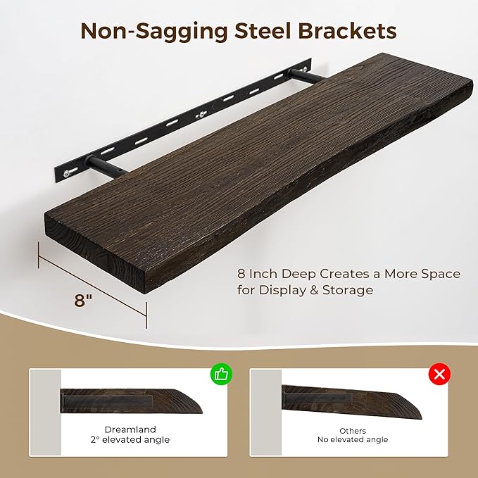 Dreamland 24 Inch Floating Shelves, Rustic Elm Wood Live Edge Wall Shelf for Home Decor, 8 Inch Deep Floating Shelf for Wall, 24 x 8 Bathroom Shelves Set of 2, Walnut Color