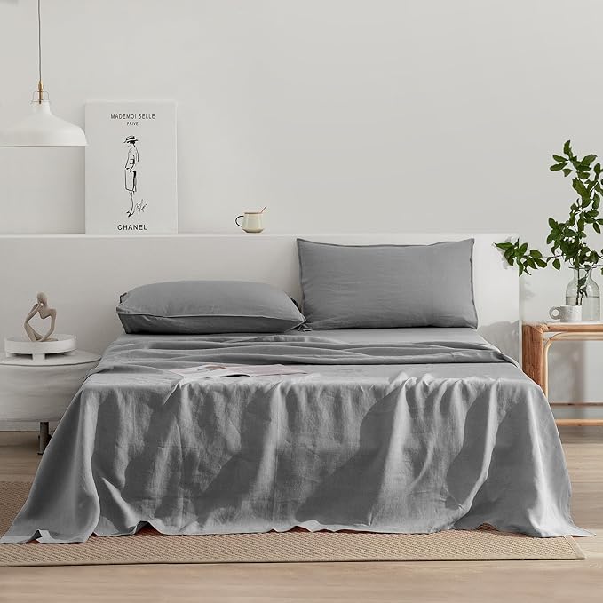 EVERLY Linen Sheets California King Size 100% French Stonewash Pure Linen Bed Sheets 4Pieces (1Flat Sheet,1Fitted Sheet,2Pillowcase) Suitable for Hot Sleepers,Deep Pocket Natural Bedding Set-Grey