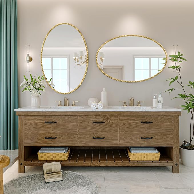 Gold Oval Bathroom Mirror, 40x30 Inch Floral Oval Mirrors for Wall, Antique Gold Metal Floral Frame Mirrors for Bedroom Living Room Hallway, Hangs Horizontally or Vertically