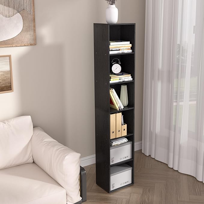 6-Tier Wooden Cube Storage Organizer, 62 Inch Tall Bookcase & Display Shelf with 6 Open Cubes, Freestanding DIY Closet Shelving Unit for Living Room Bedroom Office (Black, 6 Cube-W(11.8inch)