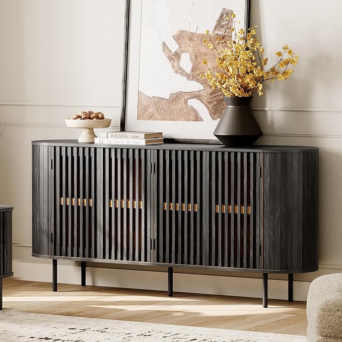 WAMPAT Sideboard Buffet Cabinet with 4 Fluted Doors, 64" Wood Accent Storage Cabinet with Curved Design, Mid-Centery Modern Credenza for Dining Room, Kitchen, Hallway, Black