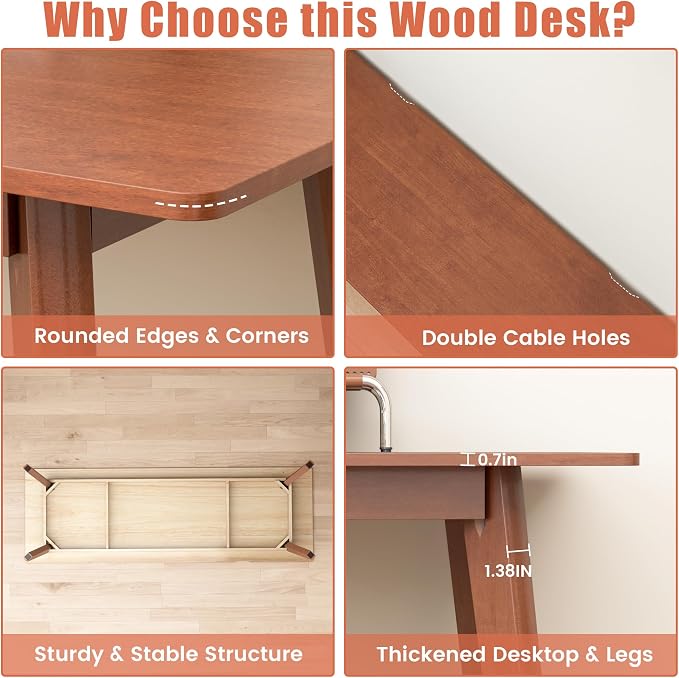 Solid Wood Desk with Large Desktop - 63" Mid Century Modern Executive Desks, Farmhouse Home Office Computer Desks for Two People, Writing Study Table | 2 Person Desk for Any Room-Walnut