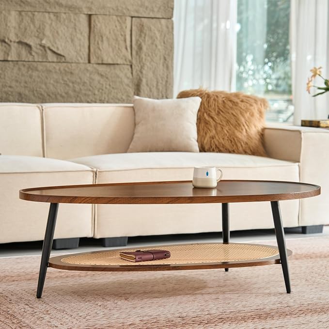 Saint Mossi Oval Wood and Rattan Coffee Table for Living Room, Mid-Century Modern Wood Coffee Table, Center Table for Small Space, Wanlut and Rattan Board, D47xW23.6xH15