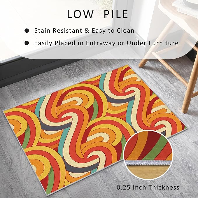 70s Retro Rug 4x6 Abstract Striped Groovy Hippie Pattern Area Rugs for Living Room, Bedroom, 70s Retro Home Decor Accessories Indoor Carpet, Non Slip & Machine Washable, GD0325