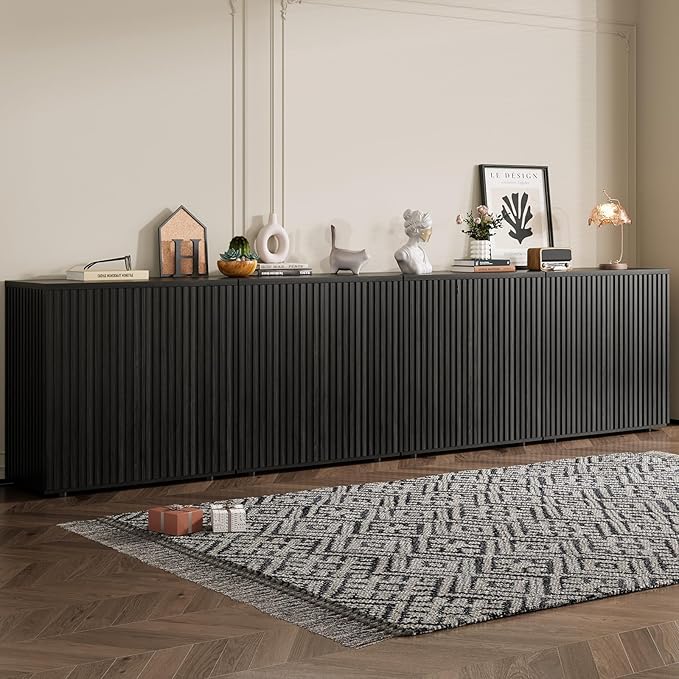 Rophefx Fluted Sideboard Cabinet, 126" Buffet Cabinet with Storage, Credenza Storage Cabinets with Adjustable Shelf, Wood Entryway Cabinets with Pop-up Doors for Living Room, Entryway, Black Grey