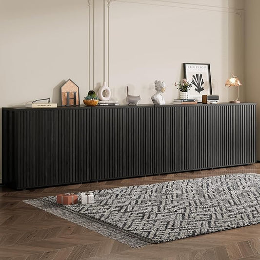 Rophefx Fluted Sideboard Cabinet, 126" Buffet Cabinet with Storage, Credenza Storage Cabinets with Adjustable Shelf, Wood Entryway Cabinets with Pop-up Doors for Living Room, Entryway, Black Grey