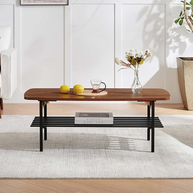 Wood Folding Coffee Table, Mid-Century Modern Design, 2-Tier, L41*W19*H15 inch, for Living Room, Walnut Finish Wood Top and Black Metal Frame