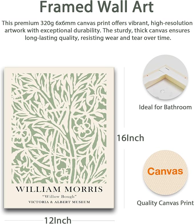 HesenDot Green Botanical Framed Wall Art Set, 12x16in Matisse William Morris Canvas Prints,Minimalist Classic Plants Home Decor for Living Room Bedroom Bathroom Office, Set of 3