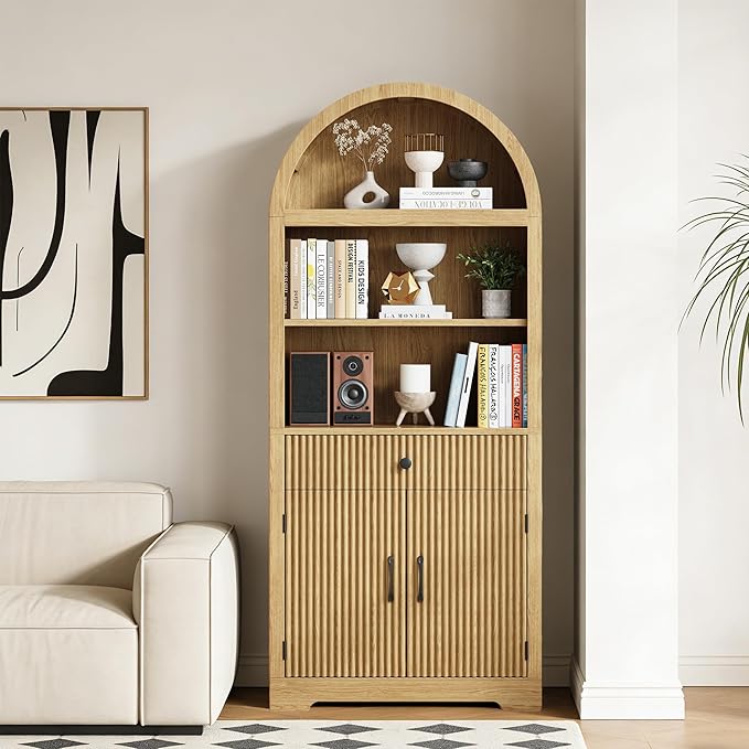 Farmhouse Arched Bookshelf, Mid-Century Modern 5-Tier Curved Cabinet with Door, Wooden Bathroom Storage Cabinet, Kitchen Pantry Cabinet for Living Room, Kitchen，Home Office, Natural