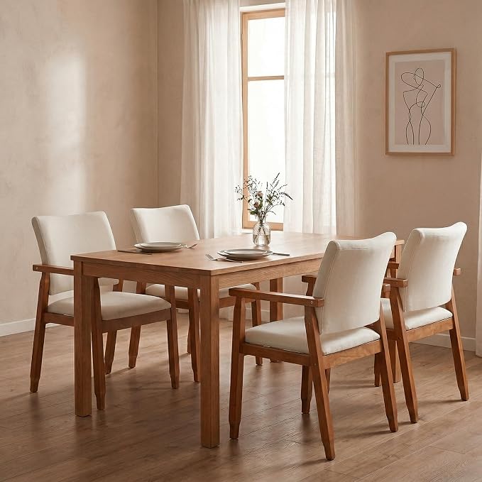 Set of 2 Mid Century Modern Walnut Dining Chairs Wood Arm Beige Fabric Kitchen Cafe Living Room Decor Furniture