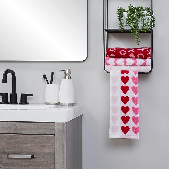 SKL Home Valentine's Tonal Hearts Jacquard 100% Cotton Reversible 2pc Hand Towel Set, Decorative for Bath/Kitchen/Bar & Gift, Pink
