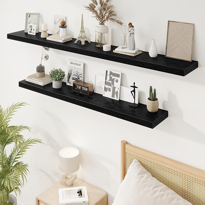72in Floating Shelves for Wall, 72"W x 9.25"D x 1.5"H, Long Wall Mounted Engineered Wood Shelves with Invisible Brackets for Living Room, Bedroom, Bathroom, Kitchen Decor and Storage, Black