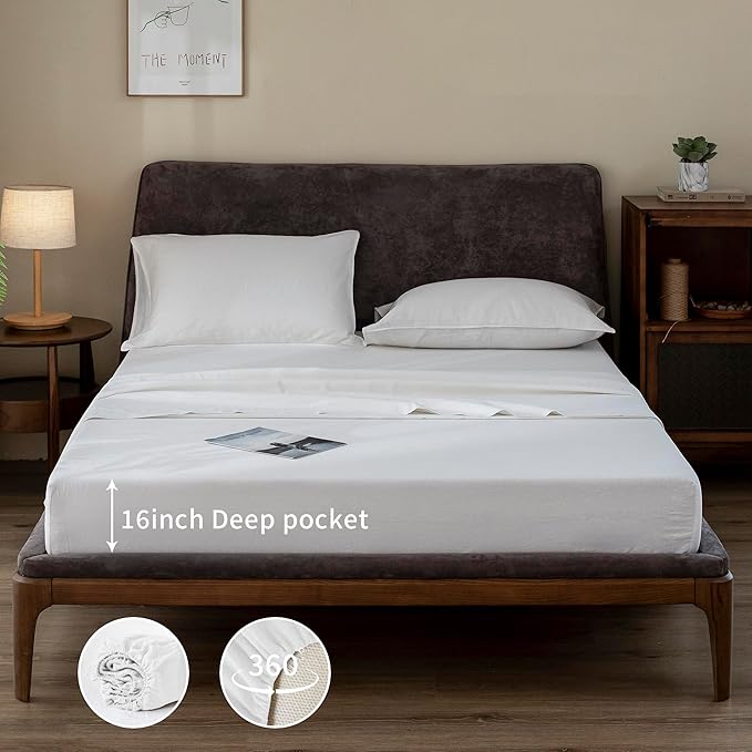 EVERLY Linen Sheets Set Full Size,100% French Stonewash Pure Linen Bed Sheets,4Pieces (1Flat Sheet,1Fitted Sheet,2Pillowcase) Suitable for Hot Sleepers,Deep Pocket Natural Bedding Set-White