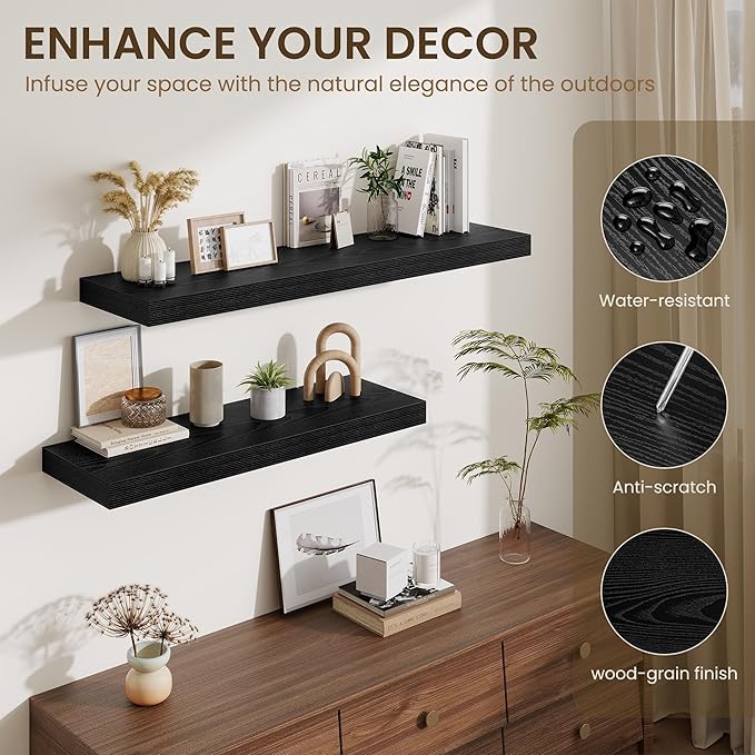 Fun Memories 32 x 12 Floating Shelves Wall-Mounted - Rustic Wood Shelf - 12 Inch Deep Floating Shelves for Wall - Large Storage Shelf for Bathroom - Kitchen & Bedroom - Black - Set of 2