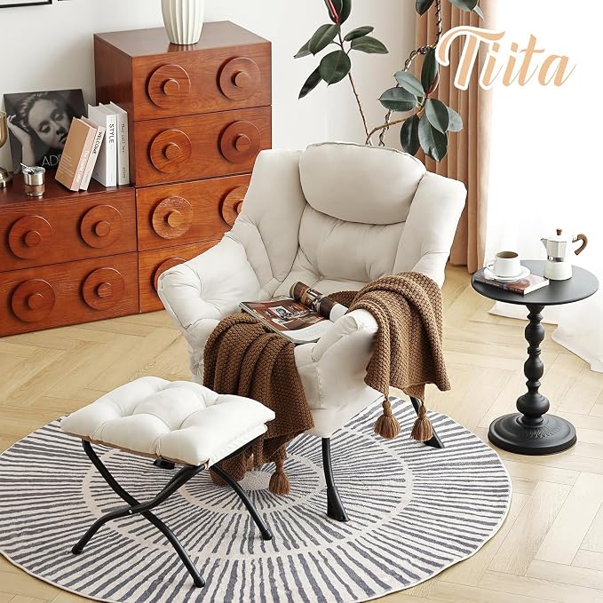 Tiita Lazy Chair with Ottoman, Beige Modern Large Accent Chair, Comfy Leisure Sofa Armchair with Ottoman, Reading Chair with Footrest for Bedroom, Living Room, Dorm Rooms, Beige