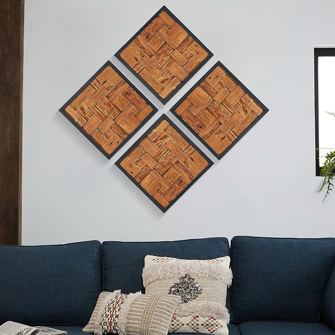 Warmaxx Rustic Teak Wood Framed Wall Decor 17''x17 Farmhouse Wall Art Aesthetic Christmas Decoration Home Living Room Bedroom Office Handmade Square Wooden Geometric Block Slatted Collage