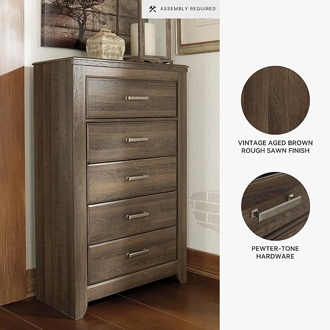 Signature Design by Ashley Juararo Rustic 5 Drawer Chest of Drawers, Aged Dark Brown