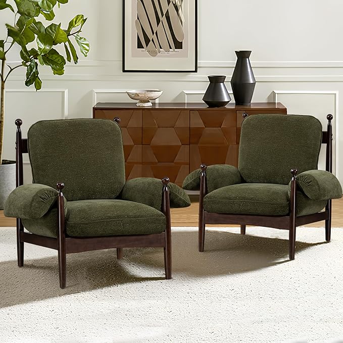 AQO Mid Century Modern Accent Chair and Armchair, Plush Lounge Chair Set of 2 for Living Room, Soft Cushion & Solid Wood Frame, Green