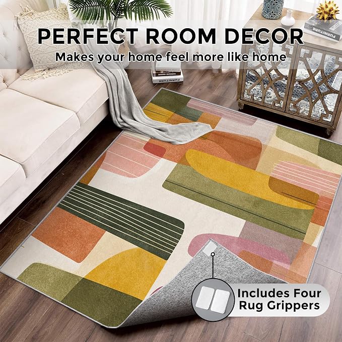 4x5 Mid Century Modern Rugs for Bedroom Decor, Washable Abstract Geometry Pattern Area Rug, Living Room Home Decoration, Non Slip Soft Thin, Boho Decor Carpet PF-P 117