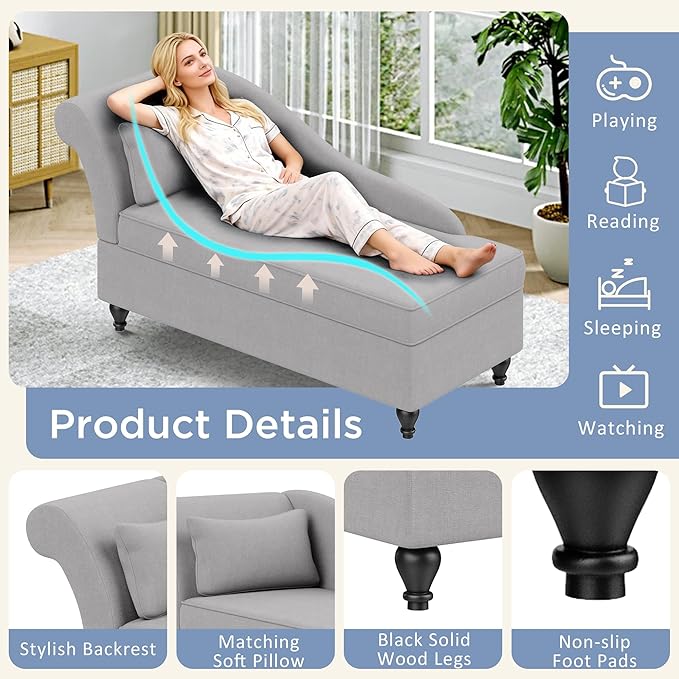 Chaise Lounge Chair Indoor with Storage, Upholstered Chaise Lounge with Left Armrest Recliner Sofa Chair for Living Room Bedroom Office Gray Chenille