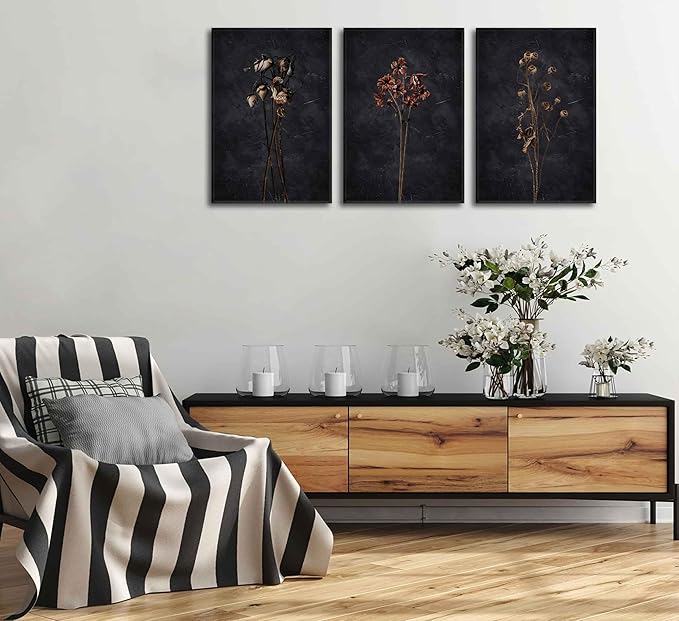 3Pcs Dark Floral Canvas wall art Moody Dried Wildflower Posters Pictures Nature Wilderness Botanical Paintings Abstract Prints for Living Room Bedroom Office Modern Farmhouse Wall Decor Framed