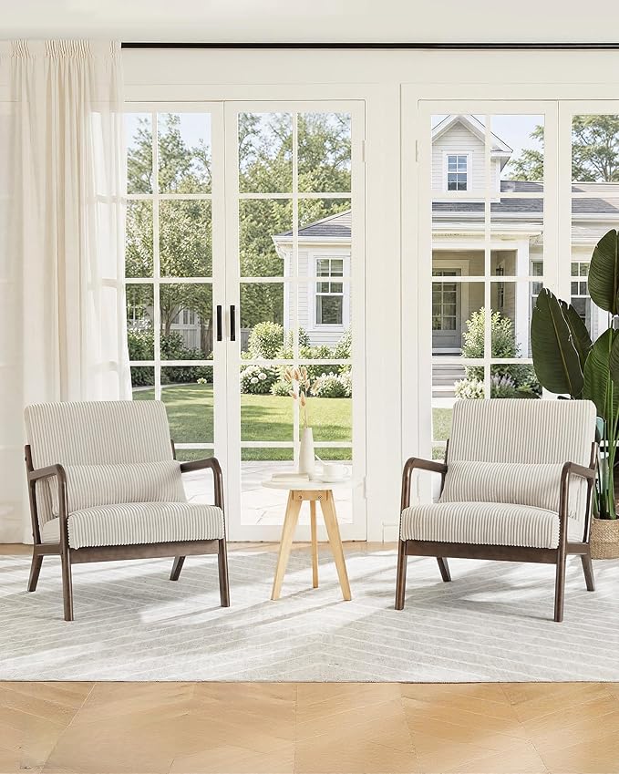 Garvee Mid-Century Accent Chair Set of 2, Cozy Reading Chair, Modern Lounge Armchair with Lumbar Pillow, Sturdy Wood Frame, for Living Room, Bedroom, Office, Beige, Wide-Wale Corduroy Upholstery
