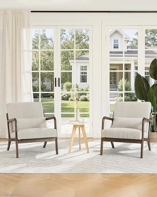 Garvee Mid-Century Accent Chair Set of 2, Cozy Reading Chair, Modern Lounge Armchair with Lumbar Pillow, Sturdy Wood Frame, for Living Room, Bedroom, Office, Beige, Wide-Wale Corduroy Upholstery