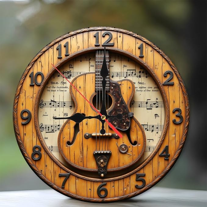 Tan Black Acoustic Guitar Round Wall Clock - 10 Inch Non-Ticking Timepiece for Study Play Room Kitchen Decor