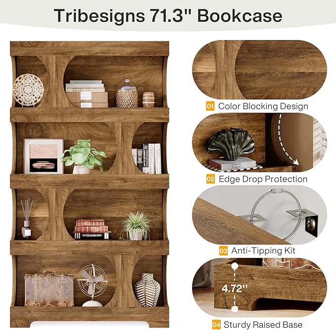 Tribesigns 71" Tall Bookcase, 4-Tier S-Shaped Bookshelf, Wood Decorative Storage Shelving, Modern Freestanding Display Shelves, Large Library Book Shelf Unit for Home Office Living Room Bedroom, Brown