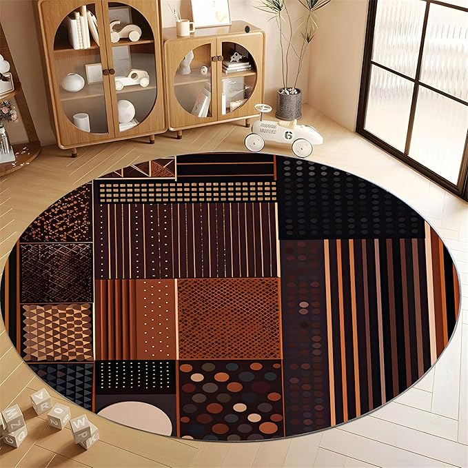 Mid-Century Modern Round Rug 5 ft - Geometric Abstract Design - Earthy Tones - Durable Non-Slip - Washable Carpet for Living Room, Bedroom，Farmhouse, Entrance