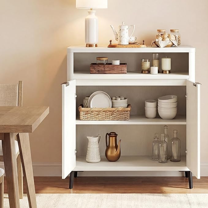 Buffet Sideboard Cabinet with Storage, Fluted Coffee Bar with 2 Doors and Adjustable Shelves, 34'' Modern Wood Cabinet for Dinning Room, Kitchen, Living Room,Coffee Bar (White)