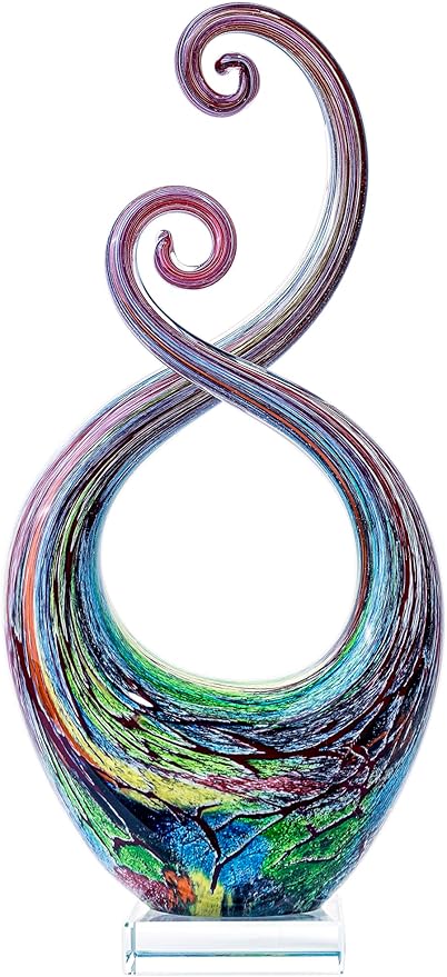 14" Hand Blown Murano Style Glass Sculpture, Abstract Colorful Art Figurine, Modern Designer Home Decor for Living Room Office Patio Garden, Unique Collectible Gift for Art Lovers