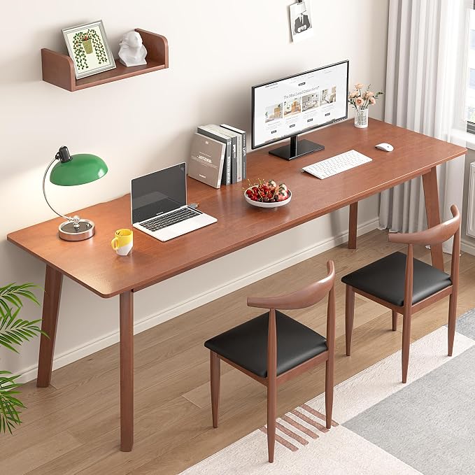 Solid Wood Desk with Large Desktop - 70.9" Mid Century Modern Executive Desks, Farmhouse Home Office Computer Desks for Two People, Writing Study Table | 2 Person Desk for Any Room-Walnut