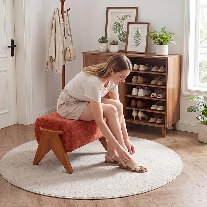 Linen Padded footstools Mid Century Modern Ottoman with Wood Frame, Lounge Upholstered Ottoman, Reading Chair, Sturdy Base, Suitable for Resting Your feet on a Lounge Chair Orange