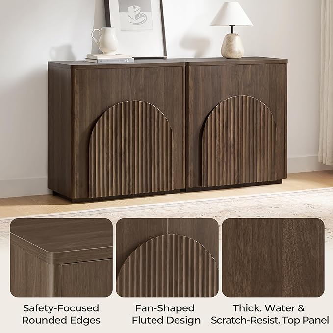 CHITA Sideboard Buffet Cabinet with Storage, Small Storage Cabinet with Doors and Shelves for Living Room Accent, Bar, Kitchen, Set of 2, Walnut