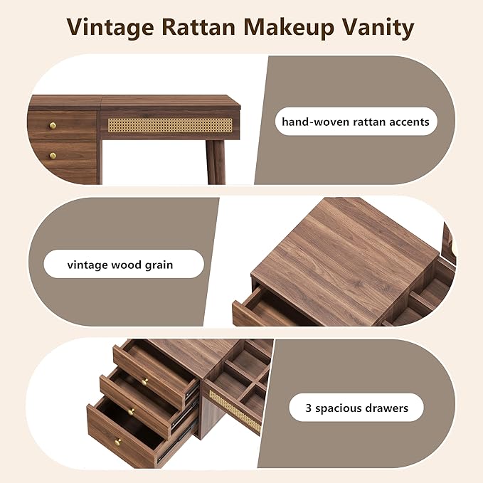 Mid-Century Modern Vanity Desk with Flip-Top Mirror and Lights 39" Brown Makeup Vanity Table with 3 Drawers 10 Compartments Wooden Legs Stool Retro Rattan Vanity Set for Girls,Walnut