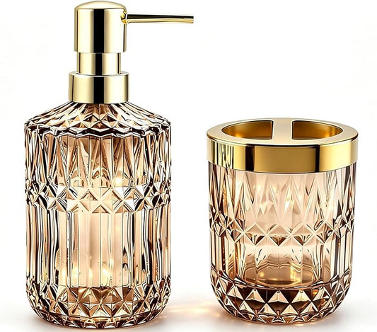 2Pcs Brown Bathroom Accessories Set, Glass Bathroom Accessories, Vintage Bathroom Countertop Decoration Includes Soap Dispenser, Toothbrush Holder