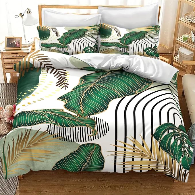 Boho Bedding Set,Modern Abstract Tropical Monstera Palm Leaf Plant Minimalist Spring Summer Bohemian Mid Century Comforter Set with Pillowcase for Bedroom Bed Decor,Full 79"x90"