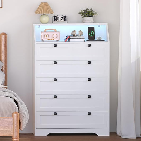 White Dresser Tall 5 Drawer Dresser for Bedroom, Wood Chest of Drawers with LED Lights, Charging Station, Metal Handles, Modern Storage Cabinet and Organizer Drawers for Living Room, Hallway