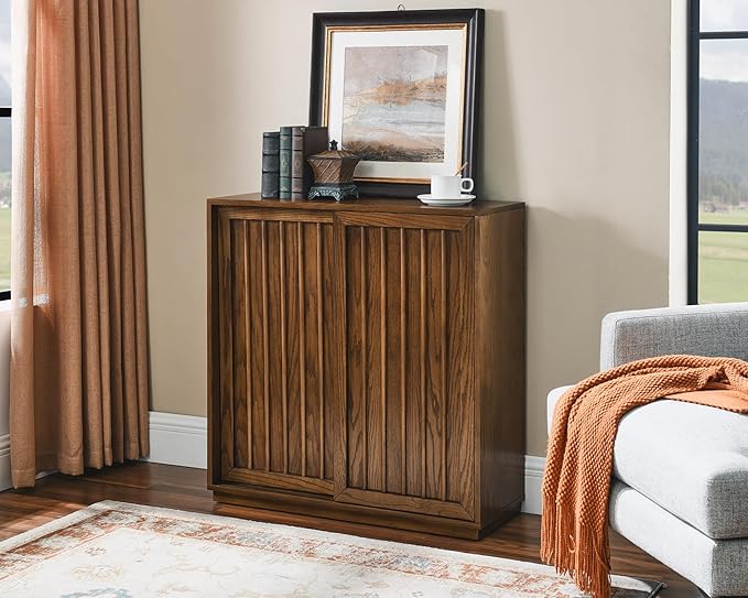LKTART Mid Century Modern Sideboard Buffet Cabinet with 2 Fluted Sliding Door,Small Storage Cabinet with Outlet Holes for Living Room, Kitchen, Entryway, Hallway 32" Walnut