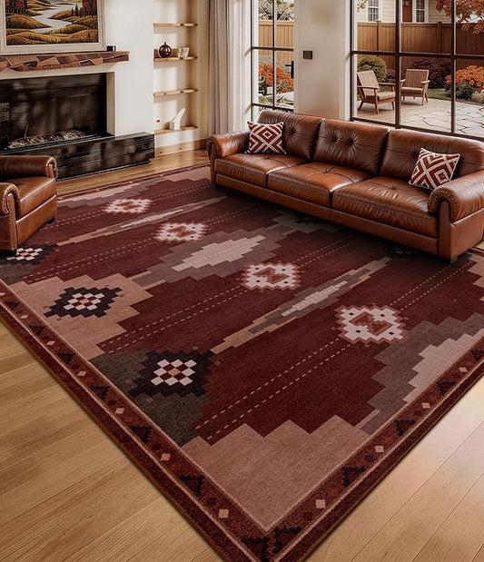 YIHOUSE Navajo Rustic Rug for Living Room, 8x10 Southwestern Area Rug Mid Century Modern Brown Rug Soft Non-Slip Washable Rugs for Bedroom, Dining Room (Brown/Red, 8'x10')