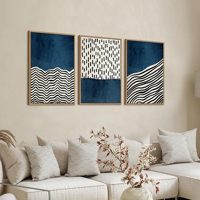 Framed Wall Art Canvas Set Mid Century Boho Picture Modern Abstract Geometric Lines Wall Decor Minimalist Black Indigo Canvas Painting Artwork Living Room Bedroom Home Office 16"x24"x3 Natural