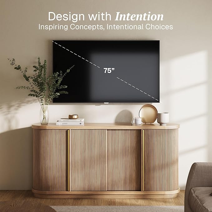 BELLEZE Turin 67" Modern Curved Sideboard with Sliding Tambour Doors - Fluted Wood Buffet Cabinet & Credenza - Oval Media Console with Gold Accents for Dining Room, Living Room, or Entryway (Camel)