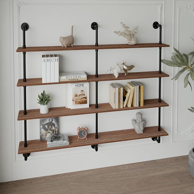 HDDFER Floating Shelves for Wall Bookshelf Industrial Pipe Shelving Shelves 60 Inch Natural Wood Planks Rustic Wall Shelves Hanging Bookshelves Farmhouse Kitchen Shelving