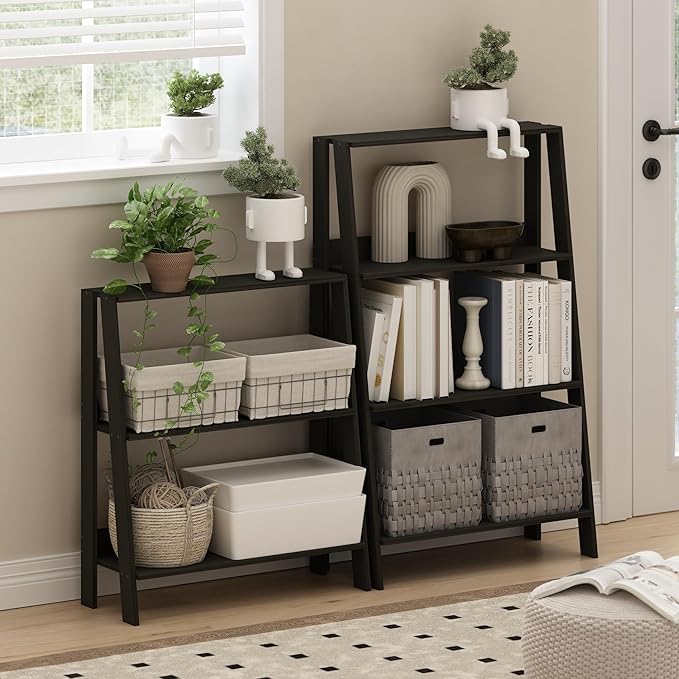 Furinno Ladder Book Shelf, 4-Tier Ladder Shelf, Open Design Bookshelf, Display Storage Bookcase, 10.9" x 23.6" x 38.4", Living Room, Home Office, Espresso