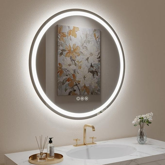 LOVESPEJO 32" Round LED Bathroom Mirror with Lights, Circle LED Mirror for Bathroom, Fogless, Dimmable, 3 Color Changing, Shatterproof