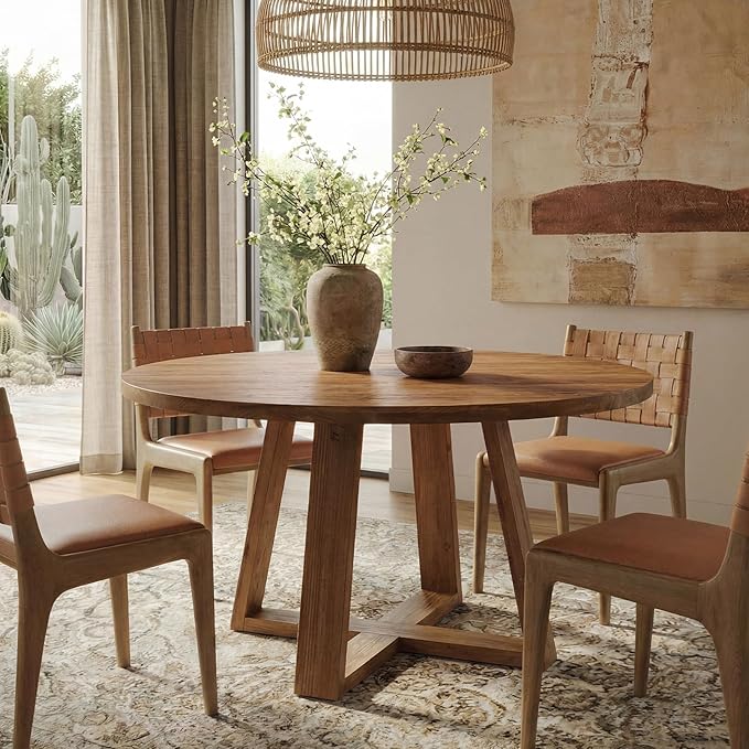 47.2" Solid Wood Dining Table, Farmhouse Round Kitchen Table for 4, Rustic Circle Tables with Sturdy Trestle Base for Dining Room & Kitchen, Warm Oak Finish