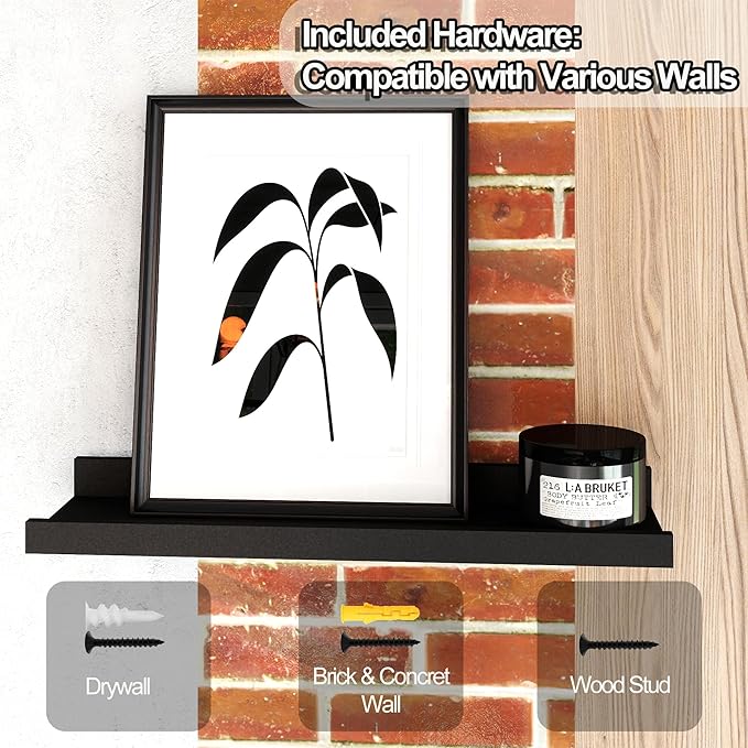 Black Floating Shelves for Wall Decor, Wall Mounted Wood Storage Shelf for Bedroom, Living Room, Bathroom, Kitchen, Nursery, Display Picture Ledge Shelf with Lip Set of 2-16 Inches, Black
