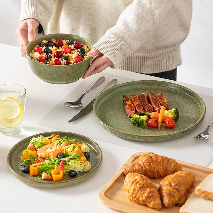 vancasso Plates and Bowls Sets, 24 Pieces Stoneware Dinnerware Set for 8, Ceramic Dish Set for Kitchen, Microwave and Dishwasher Safe, Mossy Green, Series ZERMATT
